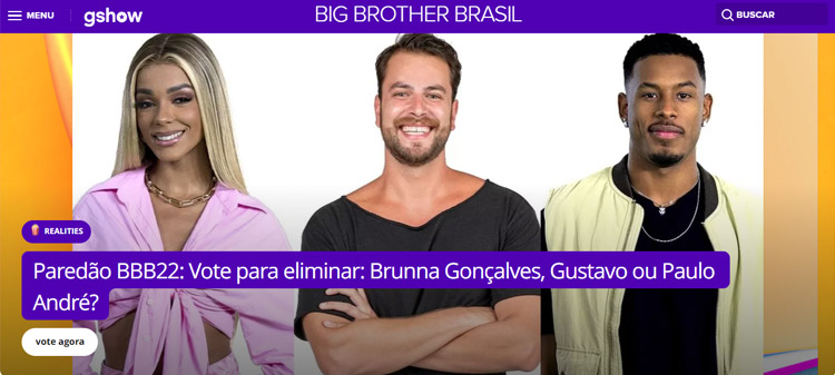 Página inicial do site do BBB 22. 5º Paredão