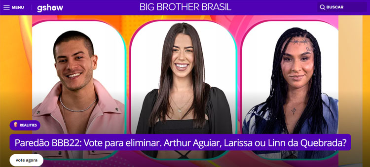 Página inicial do site do BBB 22. 6º Paredão