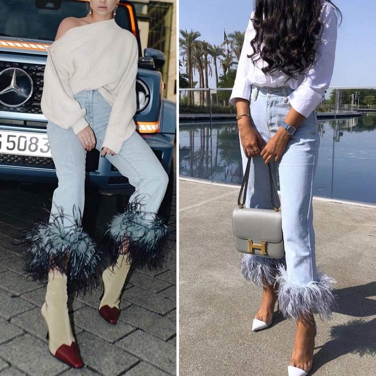 looks de calça jeans com plumas nas barras calça jeans com plumas