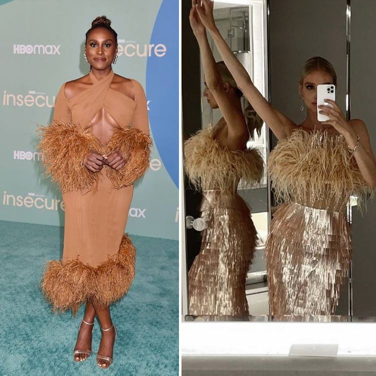 Issa Rae e Leonnie Hanne usam vestidos com detalhes de plumas Issa Rae e Leonnie Hanne looks