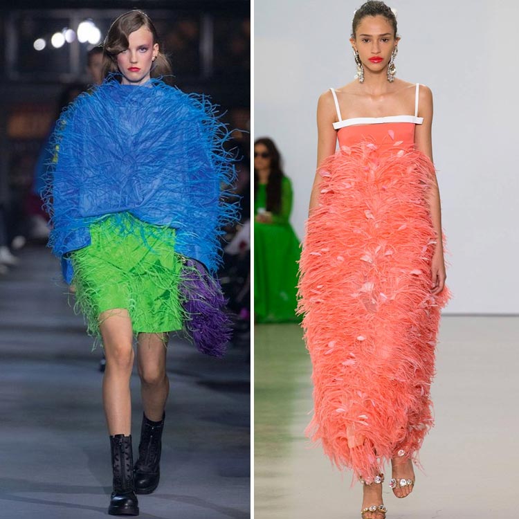 dois looks de desfiles com plumas: conjunto azul e verde e vestido salmão desfiles tendências 2022 e 2023