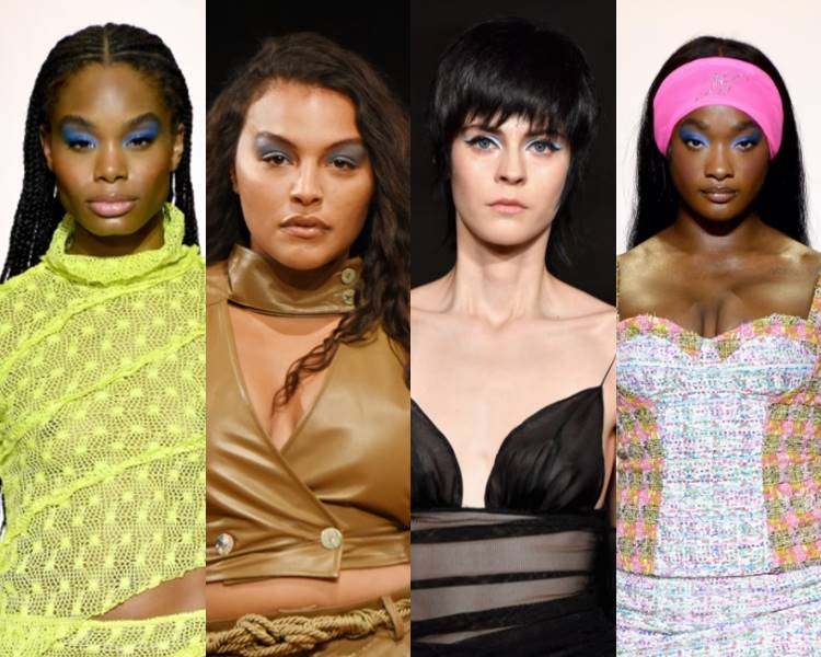 Modelos na NYFW 2022 com sombra azul. Fotos de modelos na NYFW 2022.