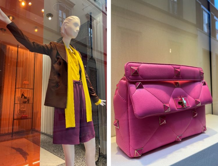 Vitrine marca Valentino modelo usa bermuda cor uva cachecol amarelo e blazer marrom foto da direita bolsa Valentino pink