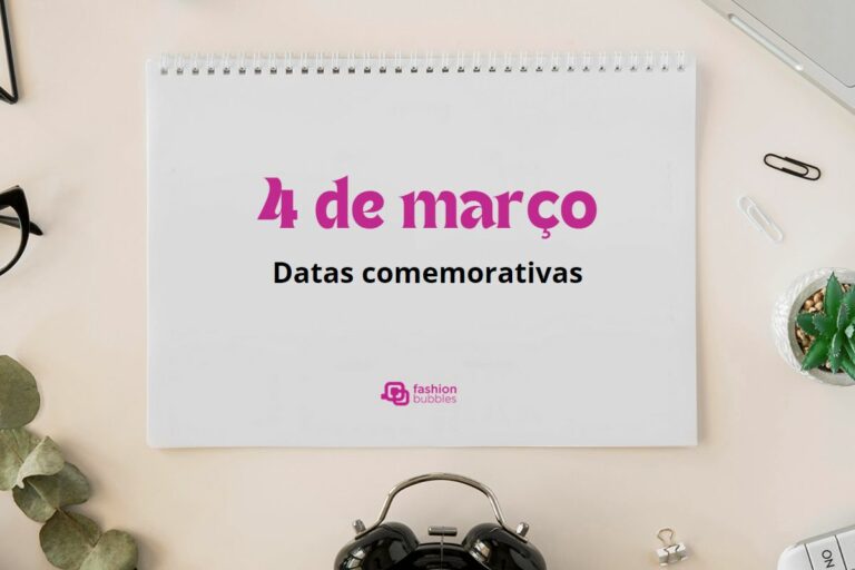 Data 4 de março escrito de rosa em folha branca com fundo com folhas de planta.