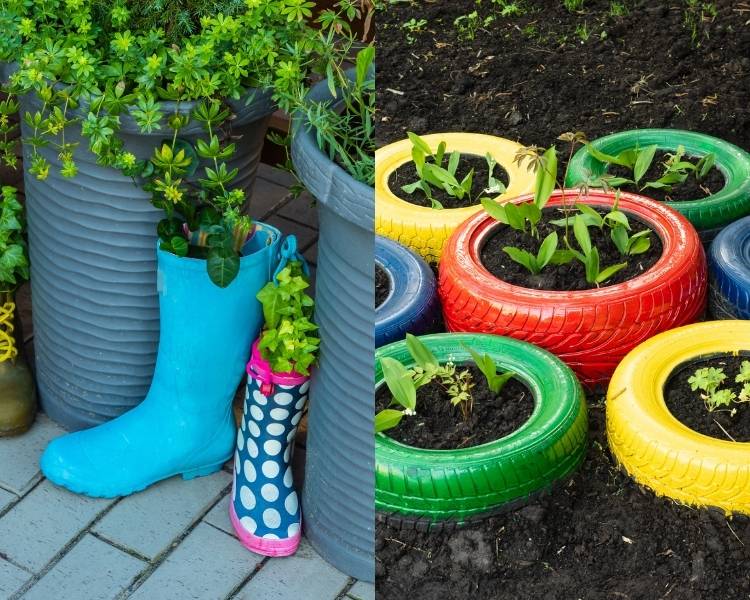 Foto upcycling: botas e pneus transformados em vasos de planta.