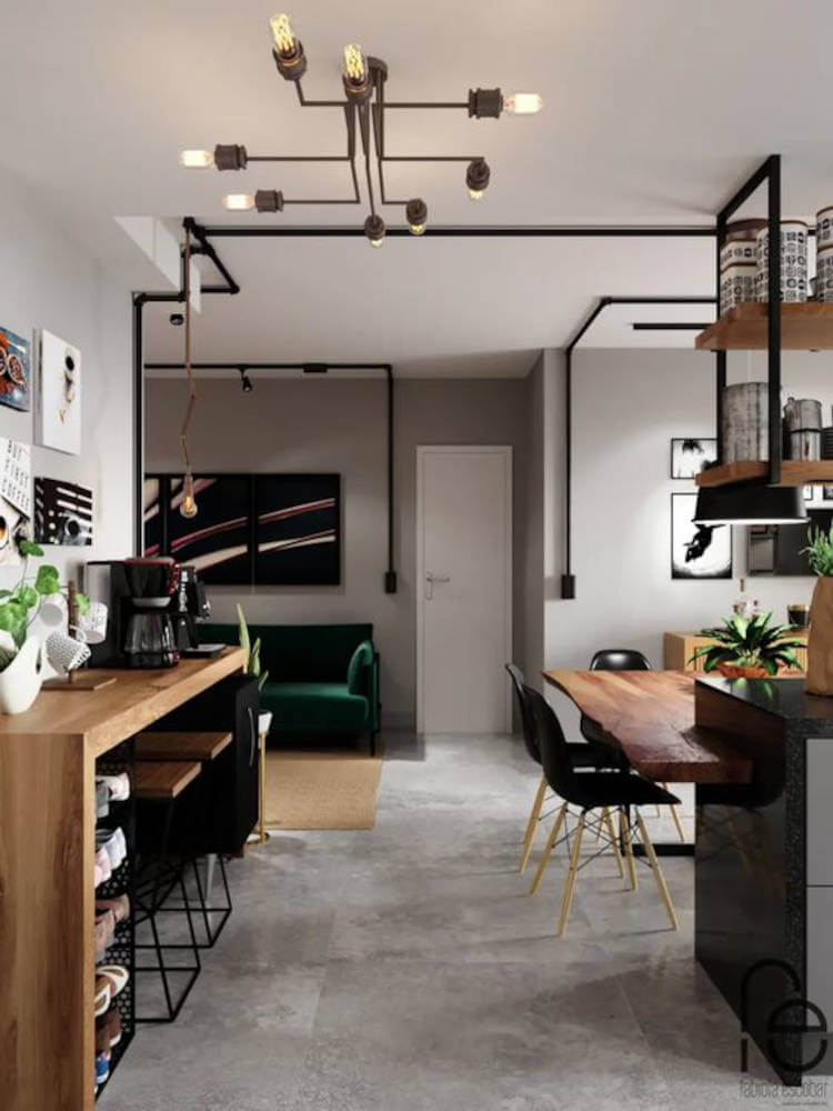 Sala de jantar, estar e cantinho do café. Apartamento com ambientes integrados.