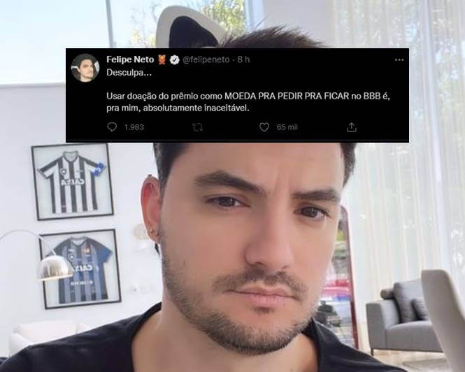 YouTuber Felipe Neto com print falando sobre Jade Picon. Foto de Felipe Neto com print falando sobre Jade Picon.