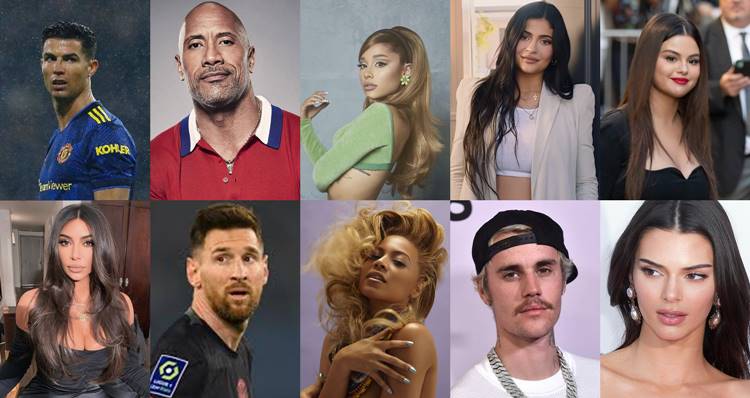 Top 10 influenciadores mais bem pagos do mundo em 2022. Foto com os Top 10 influenciadores mais bem pagos do mundo.