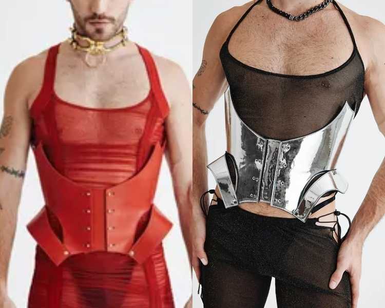modelos usando corsets da marca queer Bold Strap. Foto de modelos usando corsets da marca queer Bold Strap.