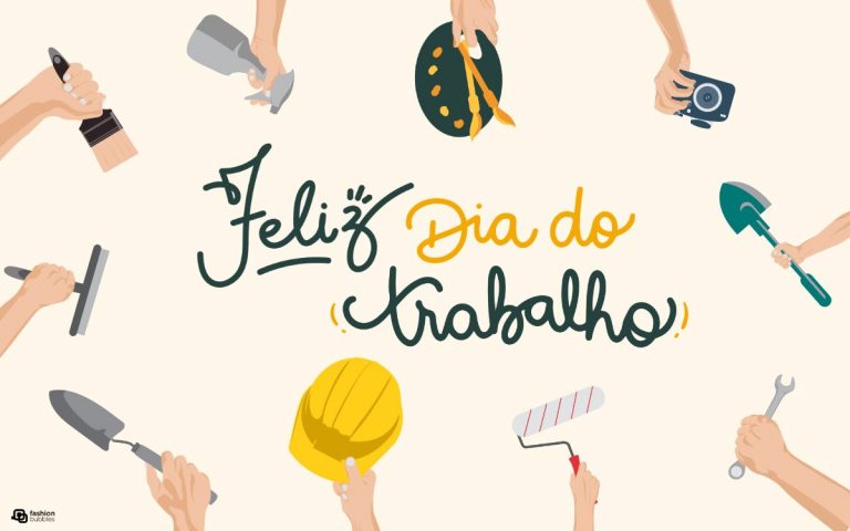 Frase Feliz Dia do Trqabalho escrita no centro da imagem retangular, com desenho de mãos segurando materiais de trabalho, como pá de pedreiro, câmera, pincel, spray, paleta de cores, capacete de engenheiro, etc