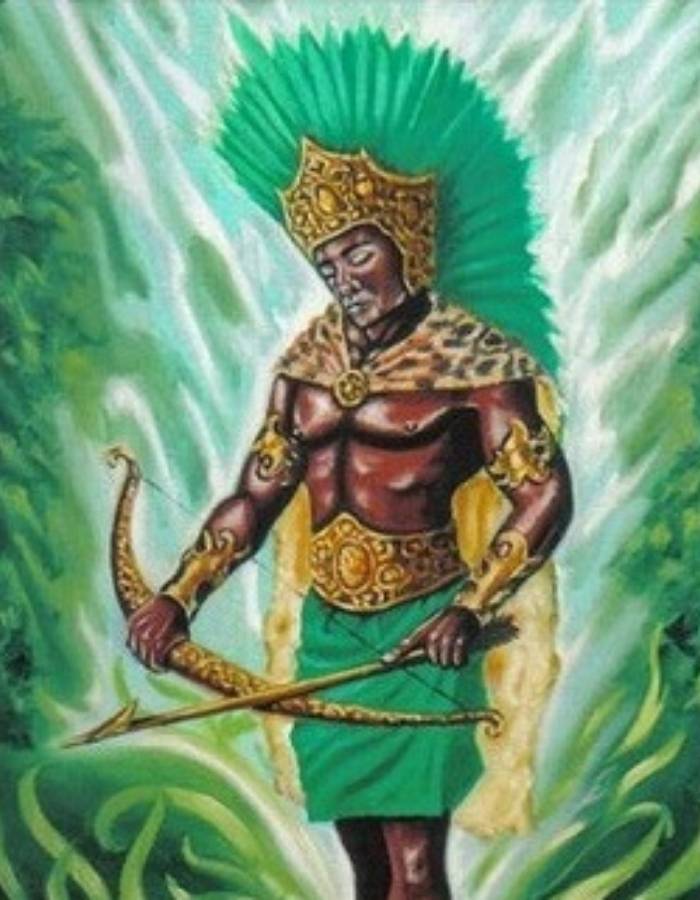 Representação artística de Oxóssis. Ele segura uma flecha e as cores predominantes de suas vestes são verde e dourado.