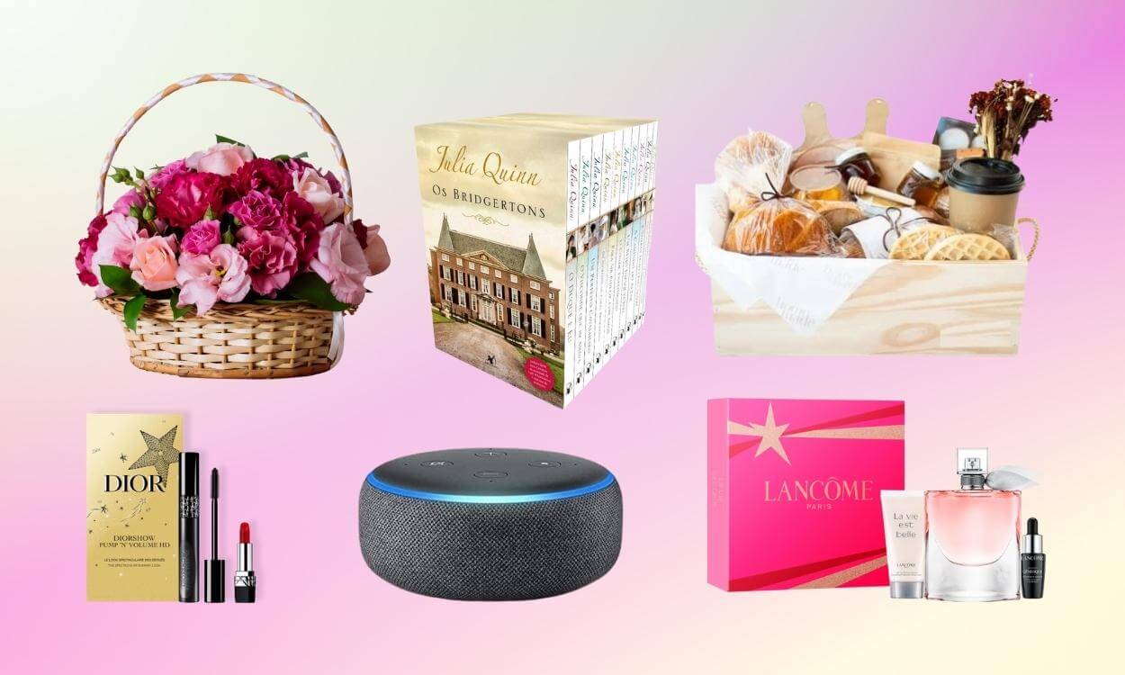 montagem com fundo rosa e fotos de 6 presentes de Dia das Mães que chegam rápido: cesta de flores, box de livros, cesta de café da manhã, kit de maquiagem, Echo Dot e kit de perfumes