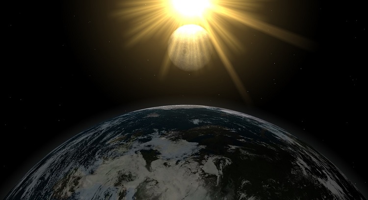 Foto do espaço, com a Terra, Sol e Lua