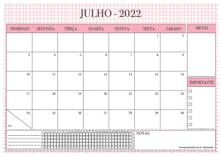 Calendário mensal de julho Foco na Produtividade