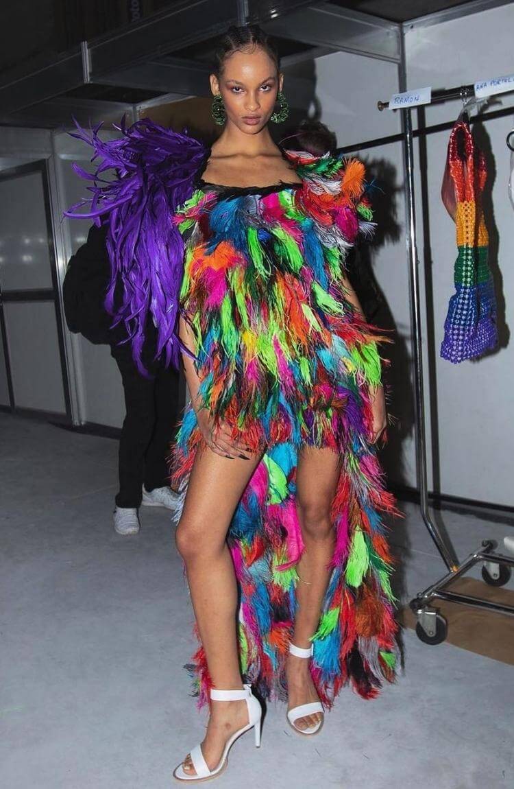 vestido de plumas coloridas