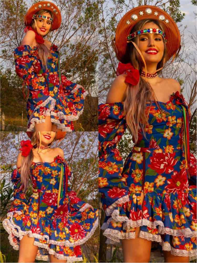 Montagem com 3 fotos de mulher mostrando look com vestido caipira festas juninas em ângulos diferentes