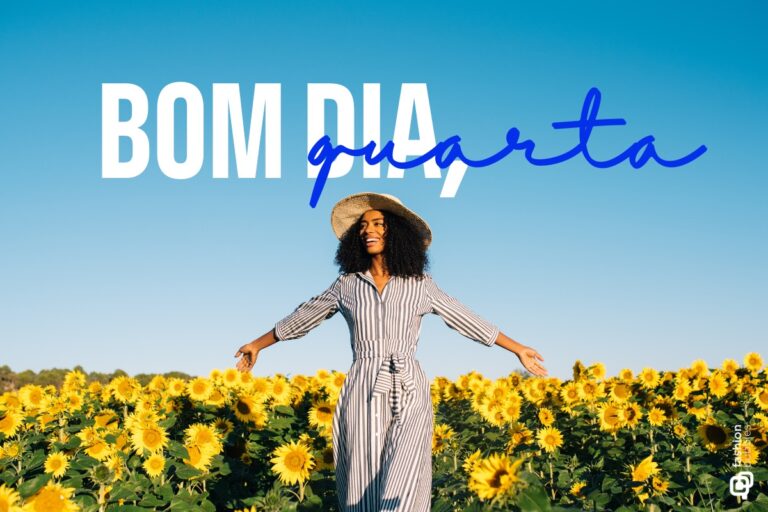 Foto de mulher em um jardim de girassóis e escrito Bom dia, quarta