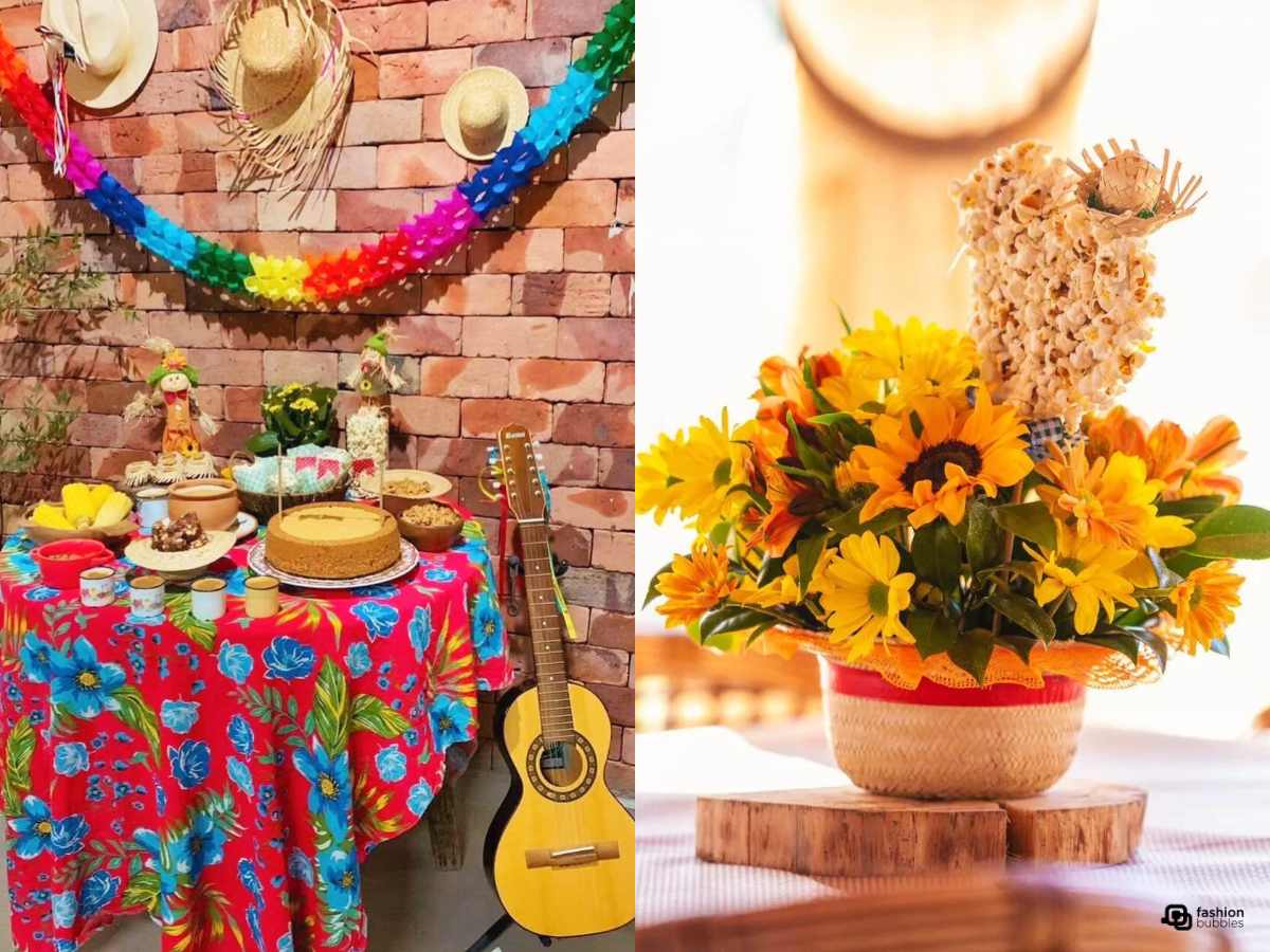 Montagem com 2 fotos de ideias simples para decoração de festa junina