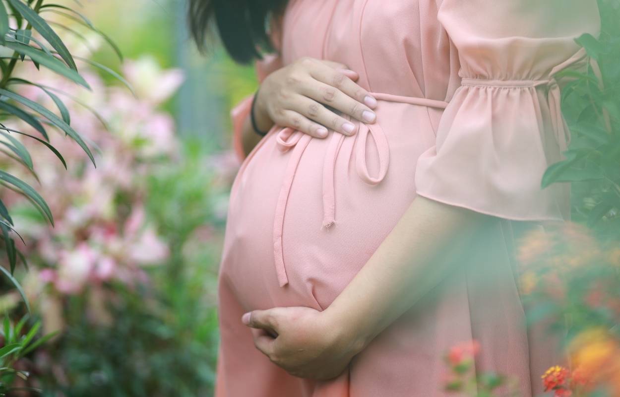 Mulher grávida após realização de fertilização in vitro.