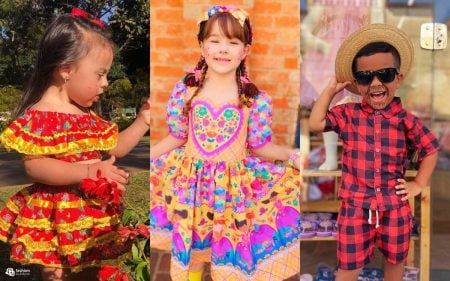 Montagem com 3 crianças vestidas para festa junina
