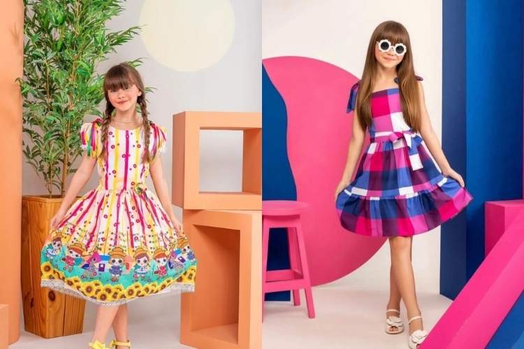 Fotos de modelo infantil com vestido xadrez e vestido com estampa junina.
