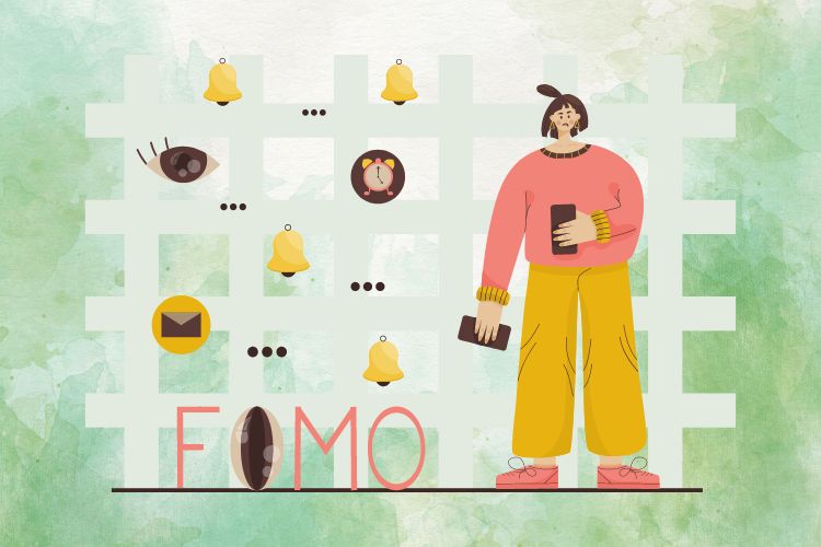 ilustração de mulher com dois celulares, símbolos de notificações e a sigla FOMO