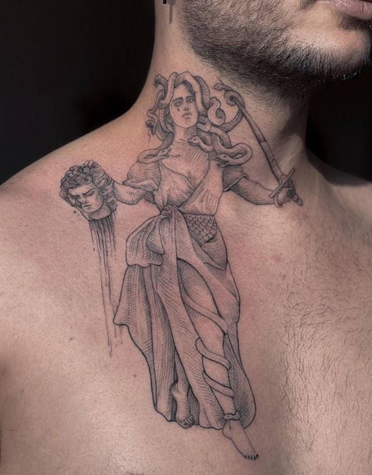Tatuagem de Medusa com ela matando Poseidon