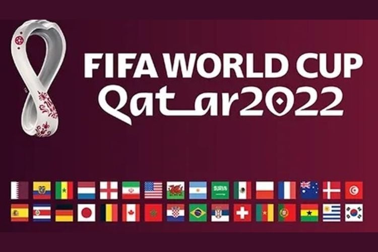 logo da FIFA World Cup Qatar 2022 em fundo roxo com bandeiras dos países das seleções participantes