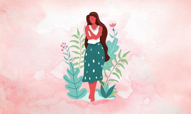 ilustração de mulher se abraçando com plantas em volta: autocuidado