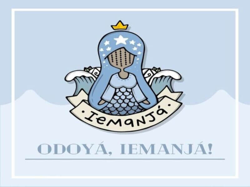 cartão virtual com fundo azul e ilustração de Iemanjá