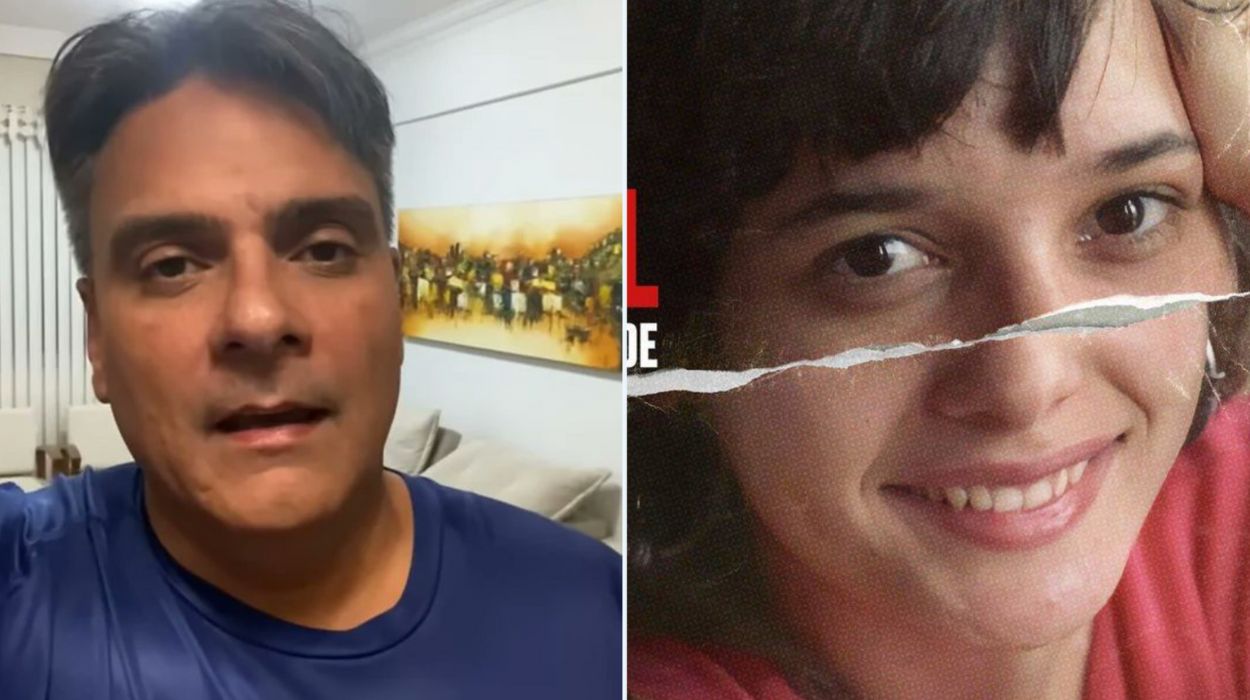 Guilherme de Pádua e poster de série de Daniella Perez