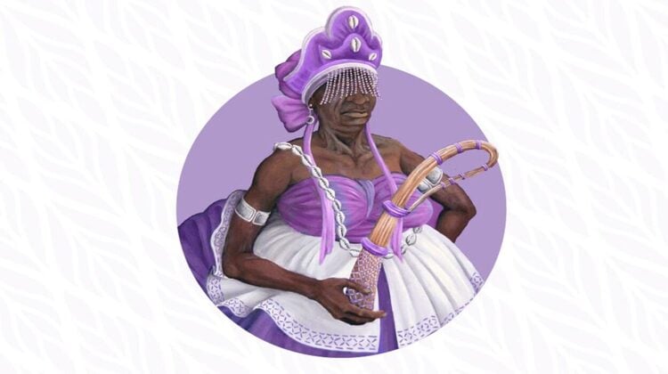 ilustração do orixá Nanã vestido de lilás e segurando na mão o ibiri