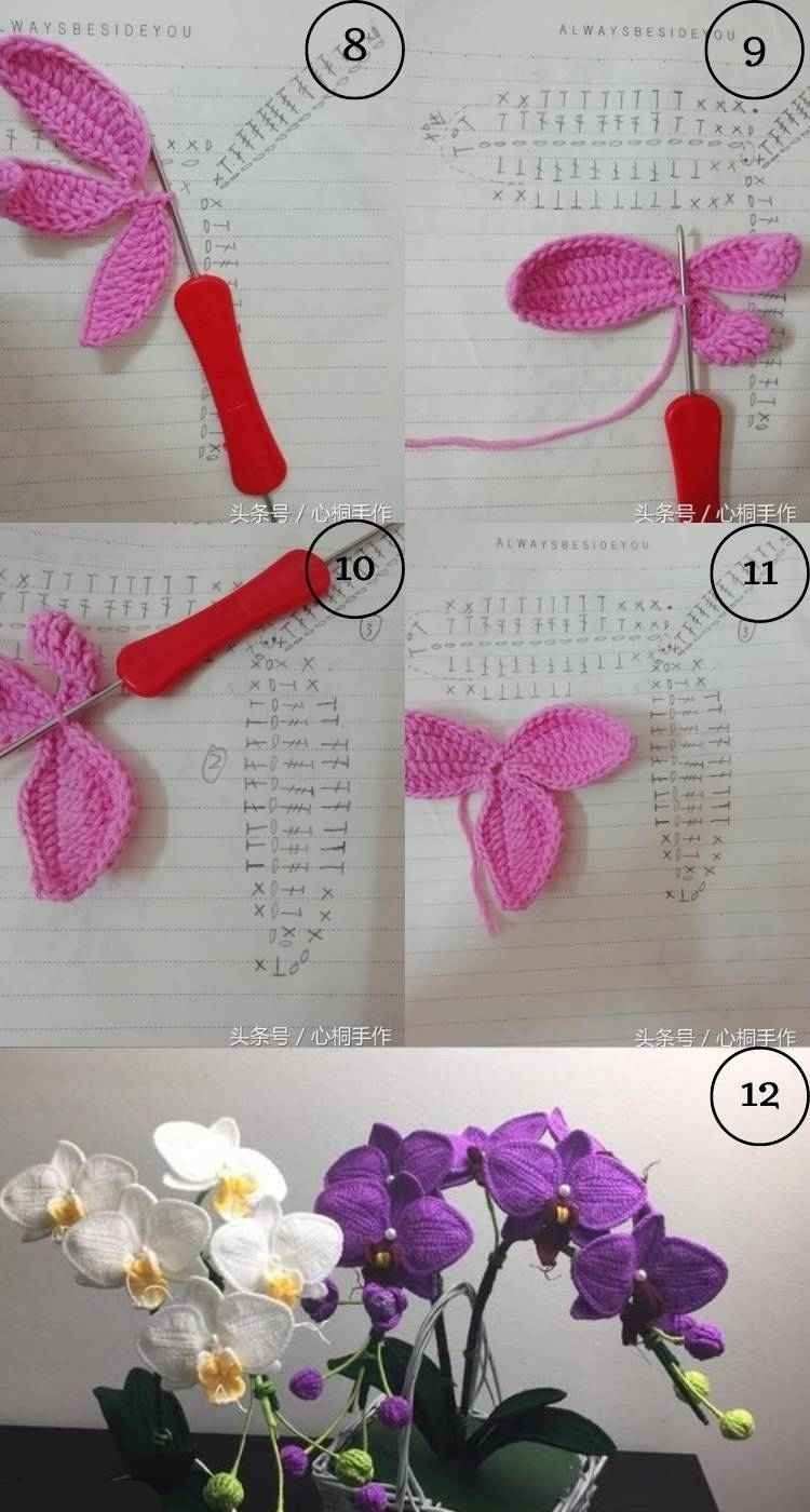 Foto de tutorial de flor de orquídea de crochê. 