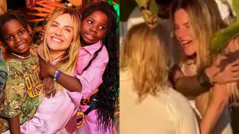 Giovanna Ewbank abraçada com com seus filhos, Titi e Bless. Na outra foto, Giovanna enfrenta mulher acusada de racismo