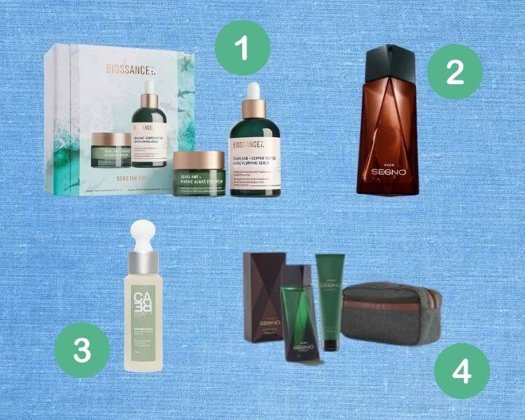 4 opções de produtos de beleza para presentear no Dia dos Pais lançamentos: kit cceana da Biossance, Perfume Segno da Avon, sérum facial da CarNB e Necessaire Segno da Avon.