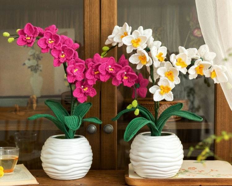 Foto de orquídea de crochê. 