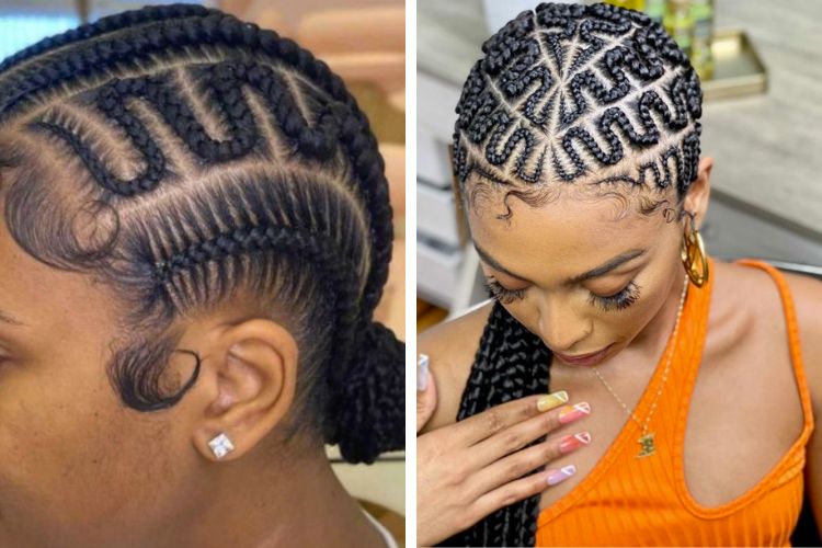 Montagem com 2 ideias de Trançado africano rente no couro cabeludo desenhado ondulado