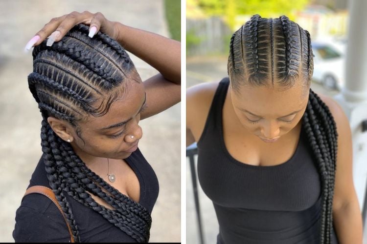 Montagem dois estilos de trança africana em cabelos longos, trançado até as pontas