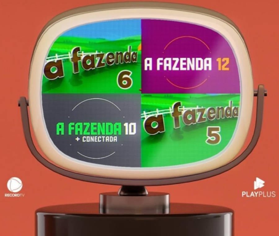 Foto de uma Televisão antiga com o logo de A Fazenda 6,12,10 e 5 e o fundo laranja 