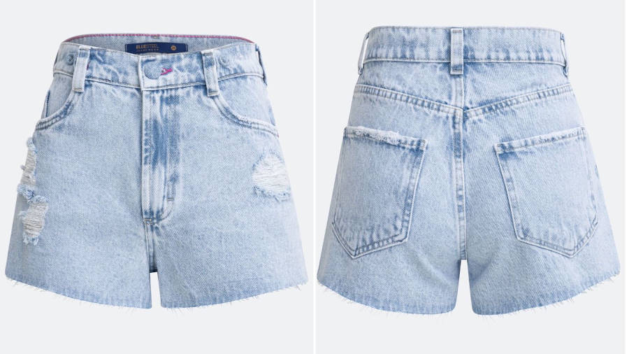 Montagem de duas fotos do short jeans rasgado da nova coleção de jeans da Lojas Renner
