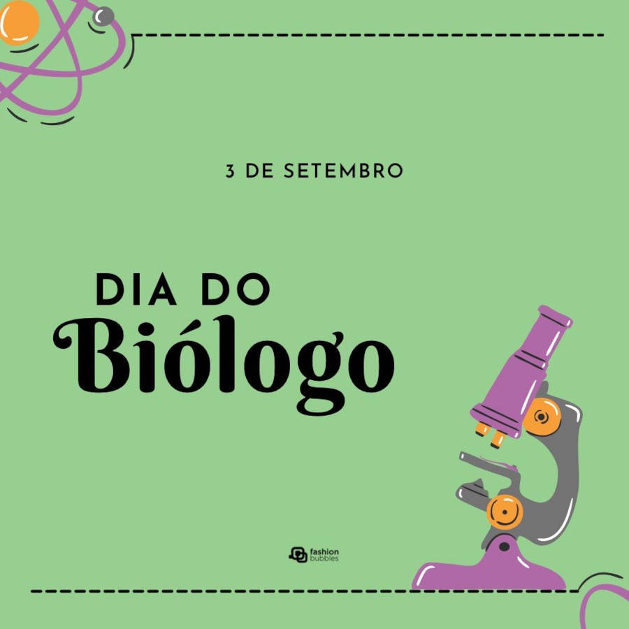 Ilustração com moléculas e estetoscópio, com fundo verde e frase "Dia do Biólogo"