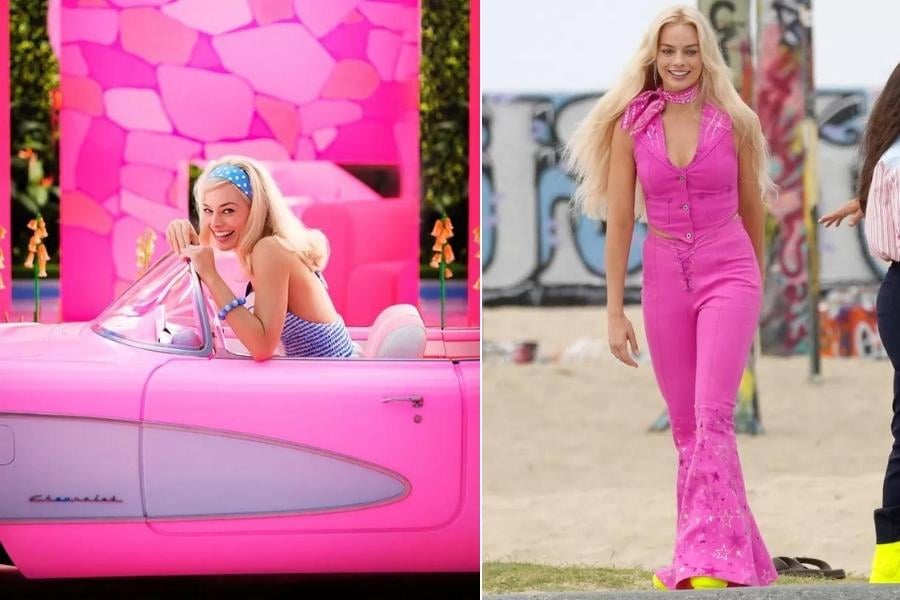 montagem com duas fotos de Margot Robbie em cena no filme da Barbie