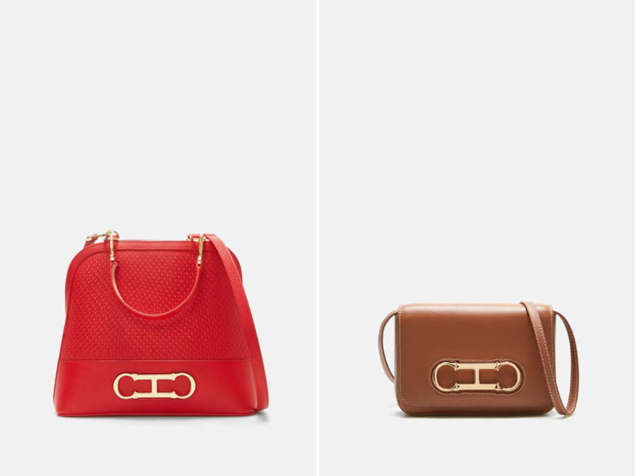 Foto de bolsas da nova coleção da Carolina Herrara, nas cores vermelho e bege