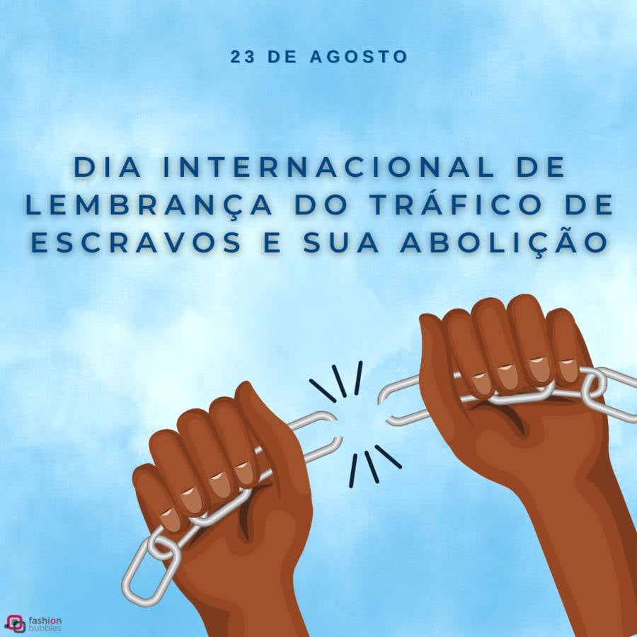 Cartão Virtual com o fundo azul, a frase "Dia Internacional de Lembrança do Tráfico de Escravos e sua Abolição" eduas mãos se livrando de uma corrente