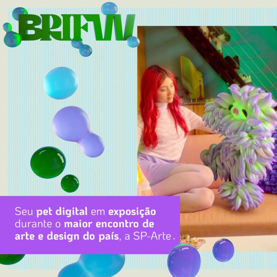 Foto de pessoa no metaverso cuidando de um pet, em volta bolhas verdes, azuis e roxas em um fundo azul turquesa. Em uma caixa de mensagem roxa, um convite para expor seu pet digital na SP-Arte