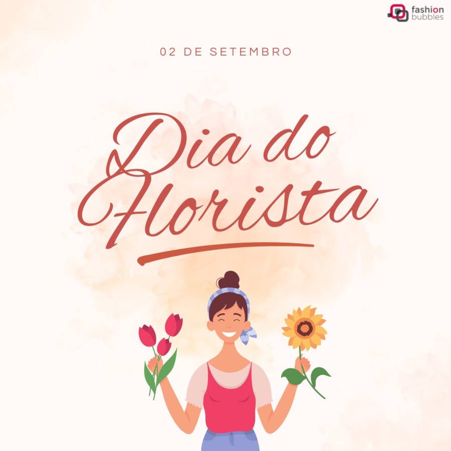 Ilustração de mulher segurando flores com o nome "Dia do Florista" em cima