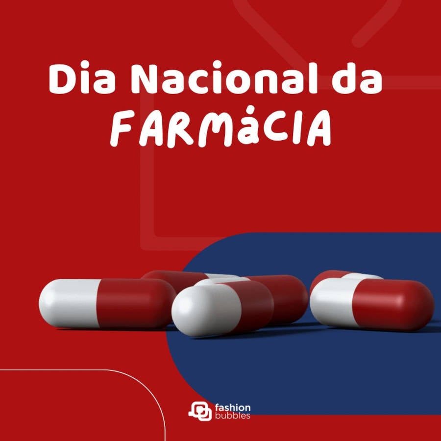 Ilustração com remédios em cápsulas brancas e vermelhas no centro da imagem com o título Dia Nacional da Fármacia e o fundo vermelho e azul