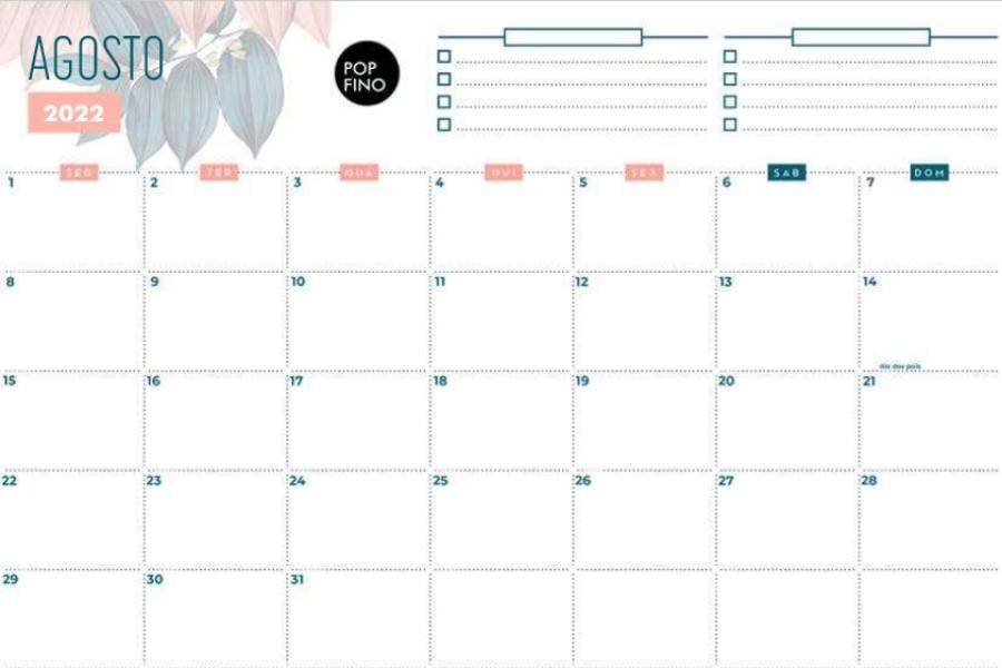 calendário de agosto de 2022 do site Pop Fino, em tons de azul e rosa com desenho de flores