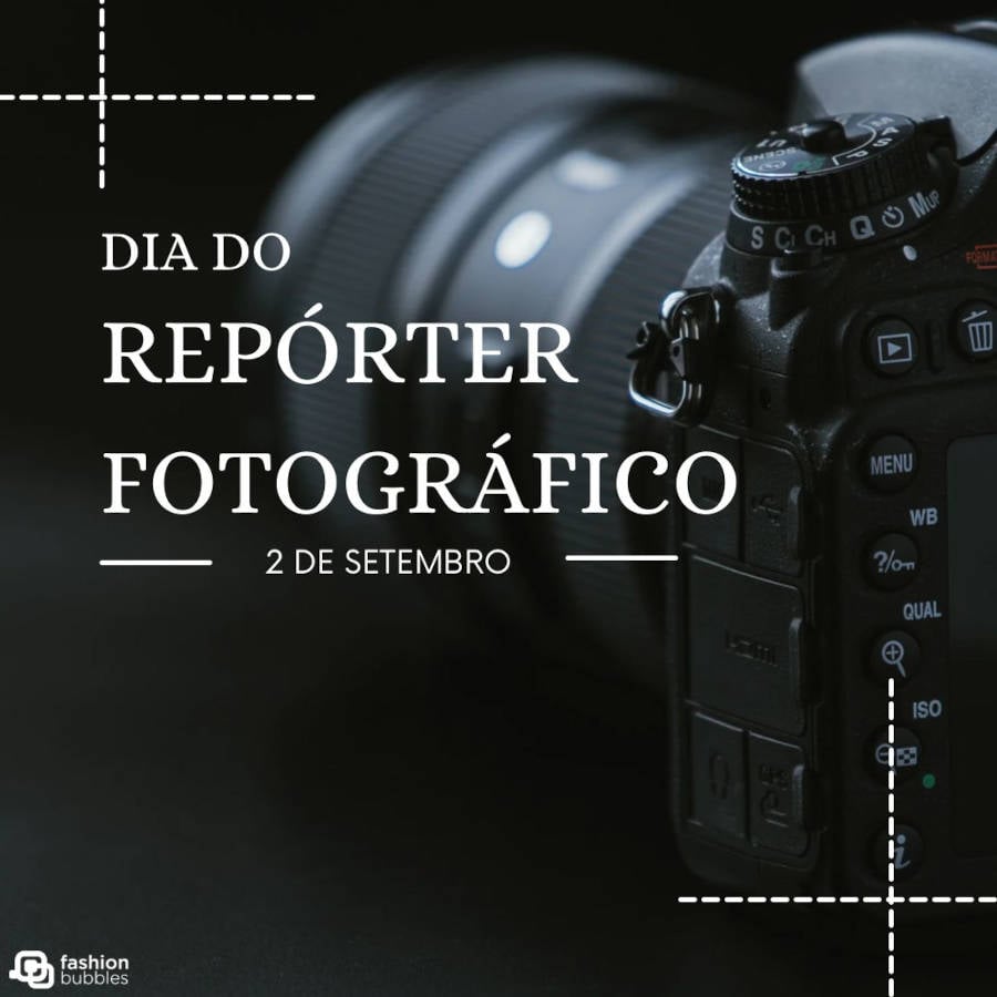 Ilustração para o Dia do Repórter Fotográfico com foto de uma câmera fotográfica profissional em um fundo preto