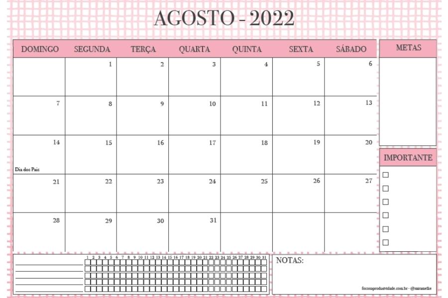 calendário mensal em tons de rosa e preto com fundo quadriculado